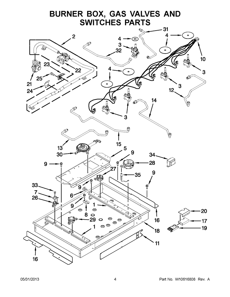 BURNER BOX, GAS VALVES AND SWITCHES PARTS Diagram and Parts List for KFGU766VSS03  KitchenAid Cooktop