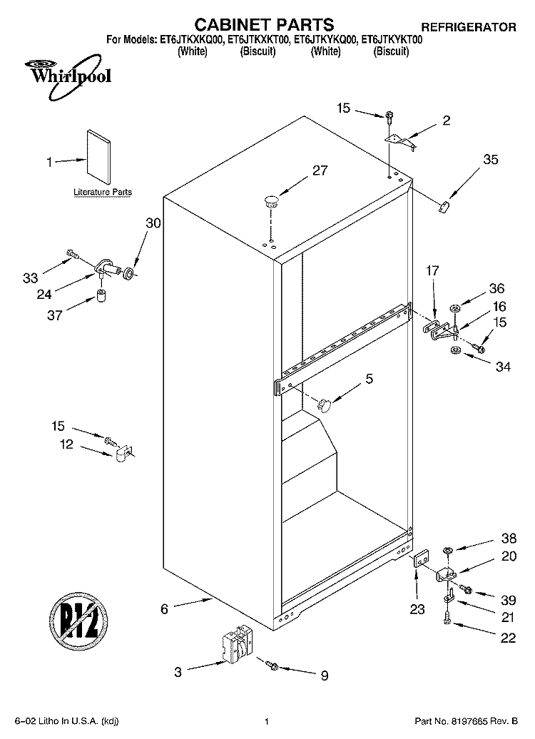 CABINET, LITERATURE Diagram and Parts List for ET6JTKYKT00  Whirlpool Refrigerator