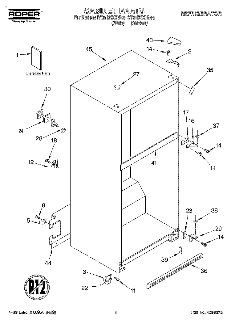 CABINET, LITERATURE Diagram and Parts List for RT21DKXHW00  Roper Refrigerator