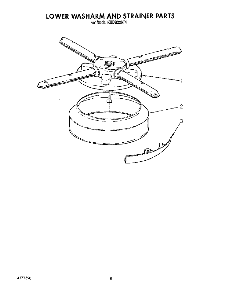 LOWER WASHARM AND STRAINER Diagram and Parts List for KUDS220T4  KitchenAid Dishwasher
