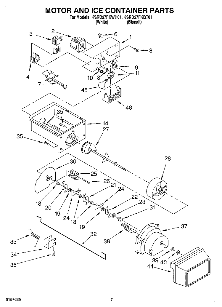 MOTOR AND ICE CONTAINER Diagram and Parts List for KSRD27FKBT01  KitchenAid Refrigerator