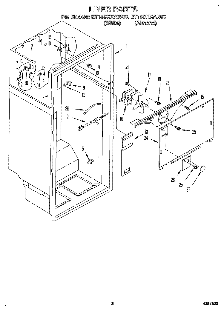 LINER Diagram and Parts List for ET18DKXAW00  Whirlpool Refrigerator