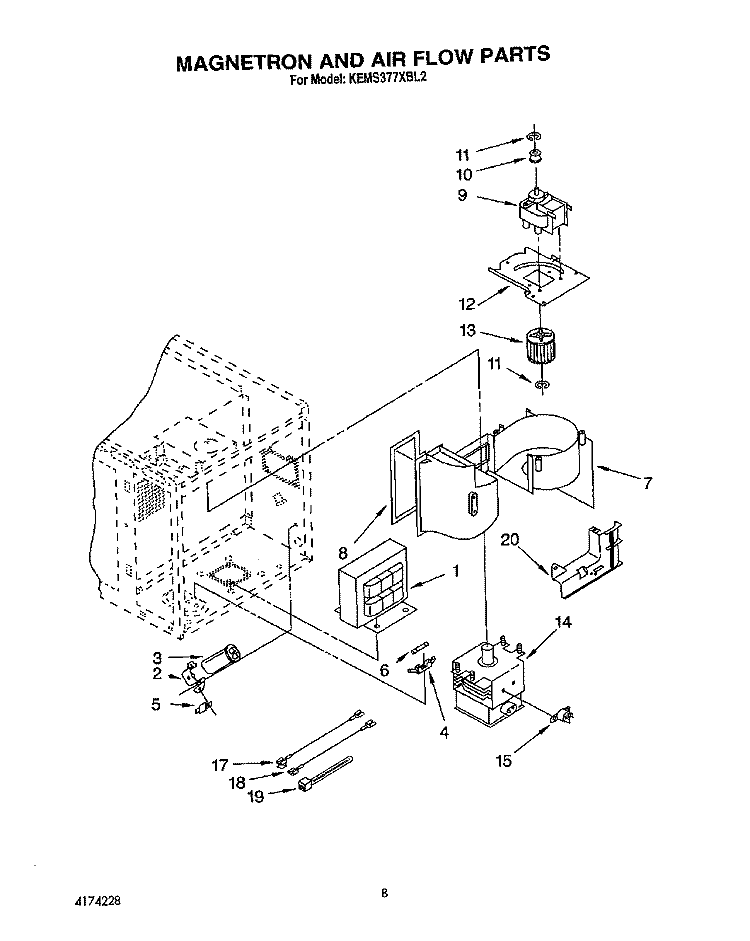 MAGNETRON AND AIR FLOW Diagram and Parts List for KEMS377XBL2  KitchenAid Microwave Oven Combo