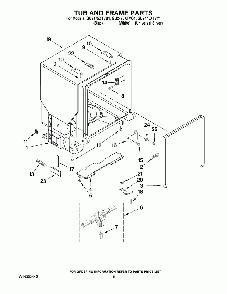 TUB AND FRAME PARTS Diagram and Parts List for GU2475XTVY1  Whirlpool Dishwasher