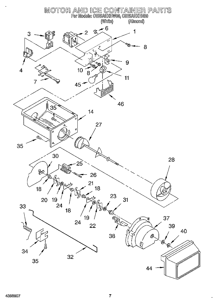 MOTOR AND ICE CONTAINER Diagram and Parts List for CS25AEXHN00  Crosley Refrigerator