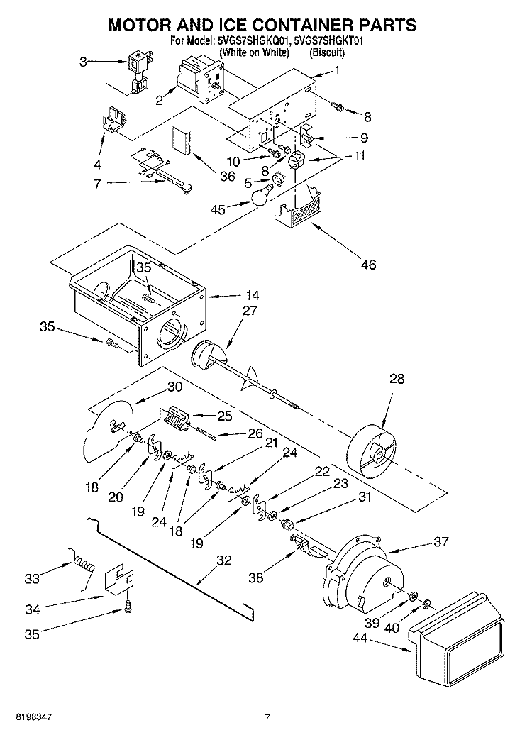 MOTOR AND ICE CONTAINER PARTS Diagram and Parts List for 5VGS7SHGKT01  Whirlpool Refrigerator