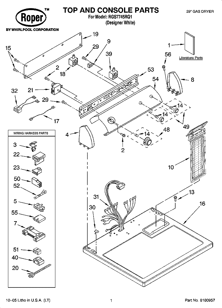 TOP AND CONSOLE PARTS Diagram and Parts List for RGS7745RQ1  Roper Dryer