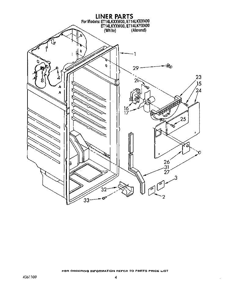LINER Diagram and Parts List for ET14LKXXN00  Whirlpool Refrigerator