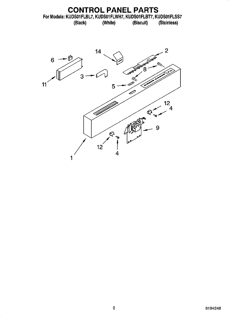 CONTROL PANEL PARTS Diagram and Parts List for KUDS01FLBL7  KitchenAid Dishwasher