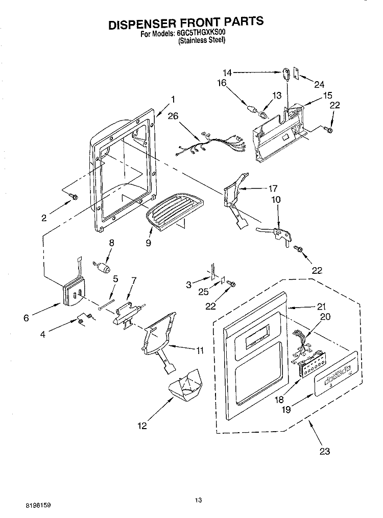 DISPENSER FRONT PARTS Diagram and Parts List for 6GC5THGXKS00  Whirlpool Refrigerator