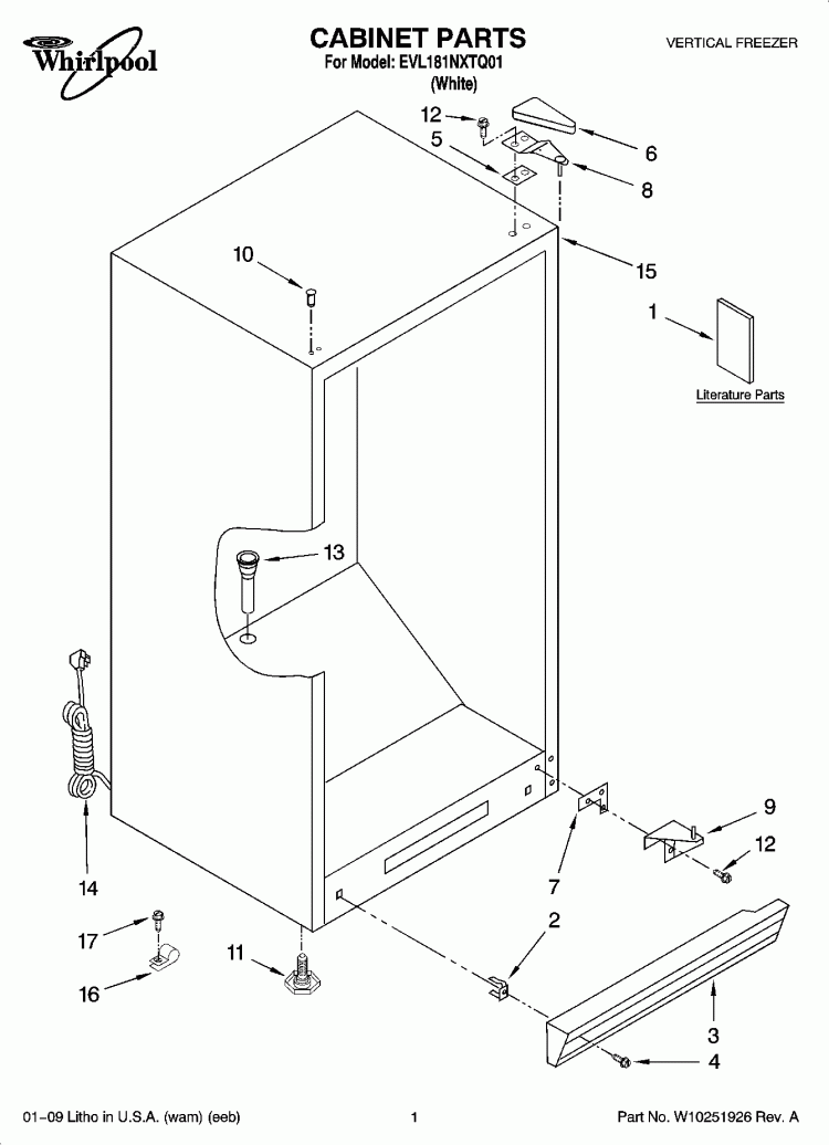 CABINET PARTS Diagram and Parts List for EVL181NXTQ01  Whirlpool Freezer