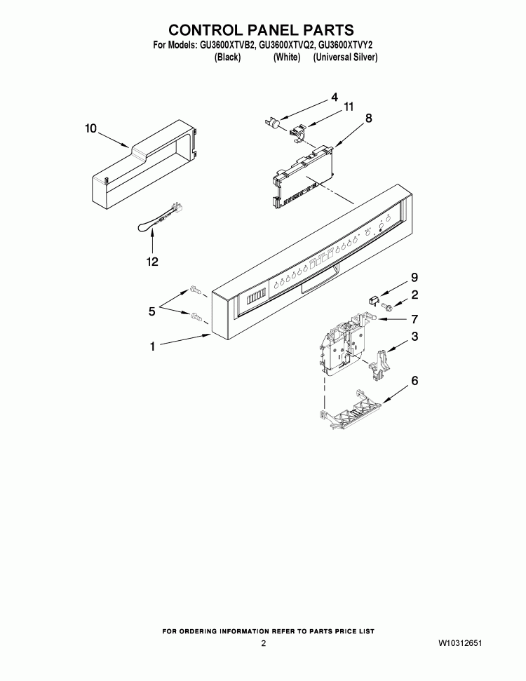 CONTROL PANEL PARTS Diagram and Parts List for GU3600XTVB2  Whirlpool Dishwasher