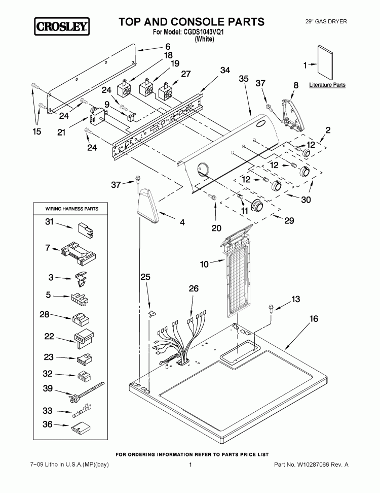 TOP AND CONSOLE PARTS Diagram and Parts List for CGDS1043VQ1  Crosley Dryer