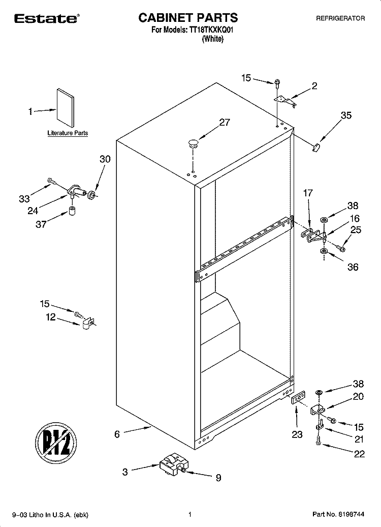 CABINET PARTS Diagram and Parts List for TT18TKXKQ01  Estate Refrigerator