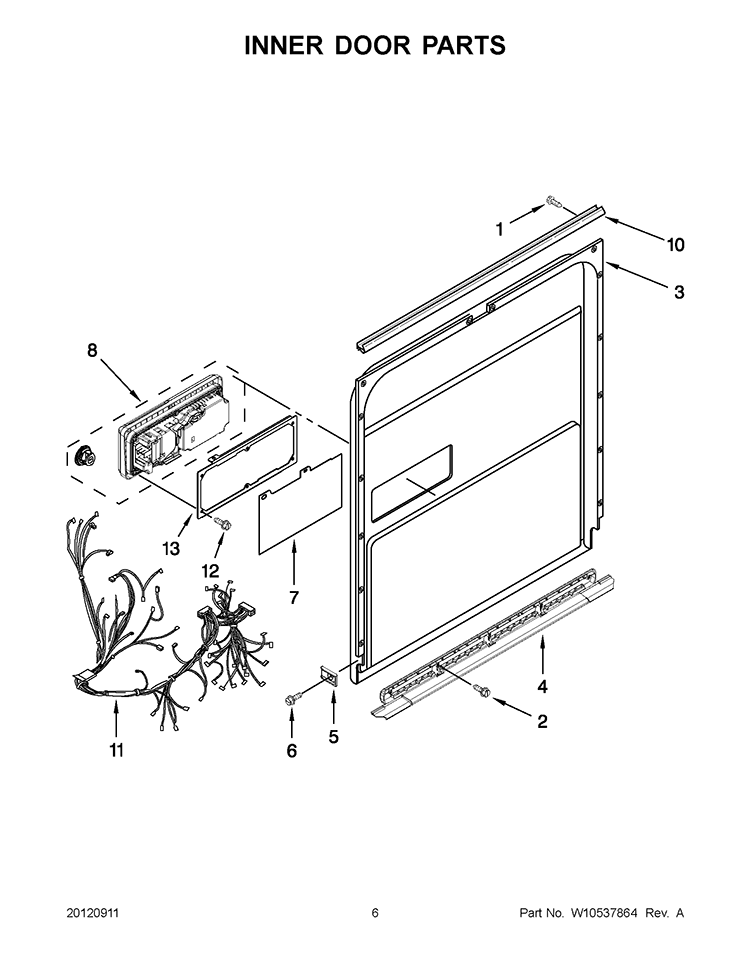 INNER DOOR PARTS Diagram and Parts List for KUDS30IBWH0  KitchenAid Dishwasher