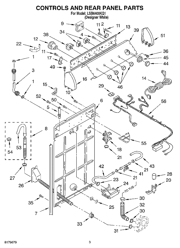 CONTROLS AND REAR PANEL Diagram and Parts List for LSB6400KQ1  Whirlpool Washer