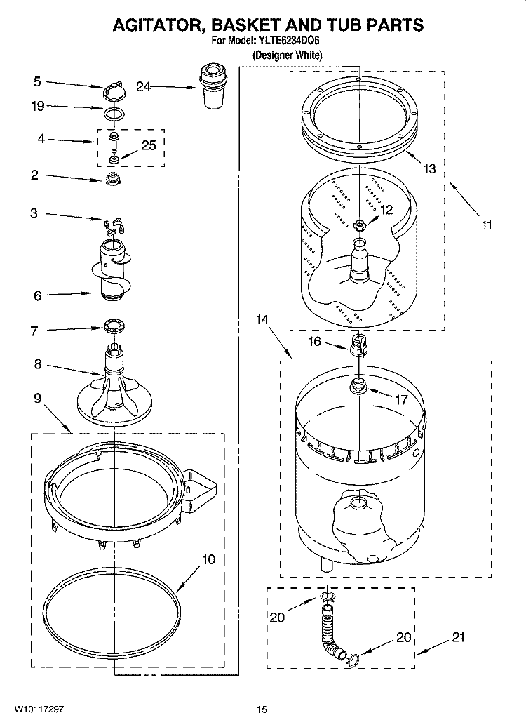 AGITATOR, BASKET AND TUB PARTS Diagram and Parts List for YLTE6234DQ6  Whirlpool Washer Dryer Combo