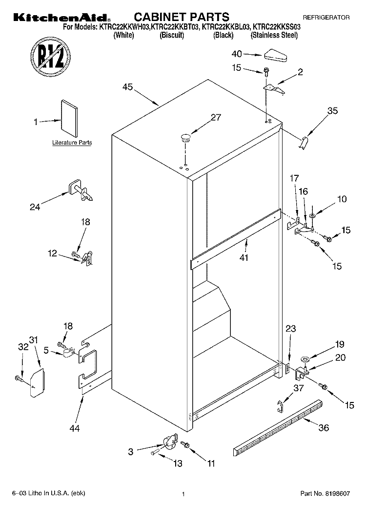 CABINET PARTS Diagram and Parts List for KTRC22KKWH03  KitchenAid Refrigerator