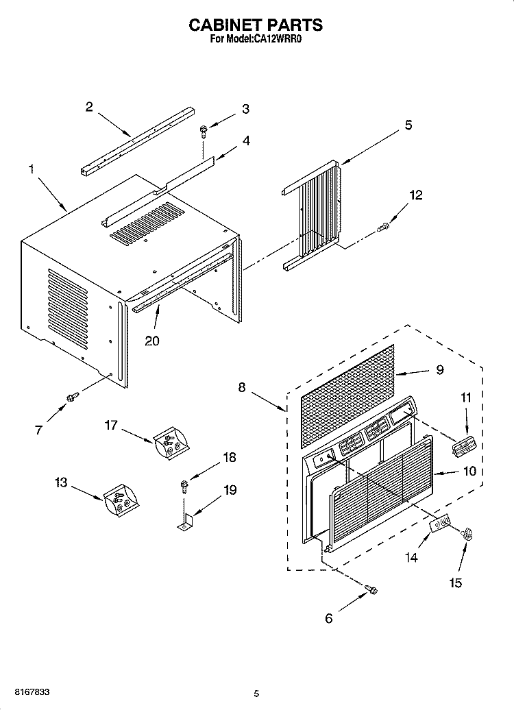 CABINET PARTS, OPTIONAL PARTS (NOT INCLUDED) Diagram and Parts List for CA12WRR0  Crosley Air Conditioner