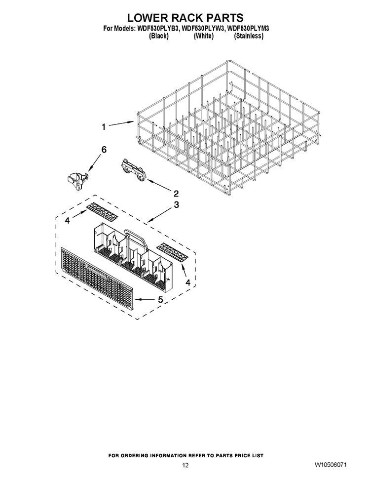 LOWER RACK PARTS Diagram and Parts List for WDF530PLYB3  Whirlpool Dishwasher