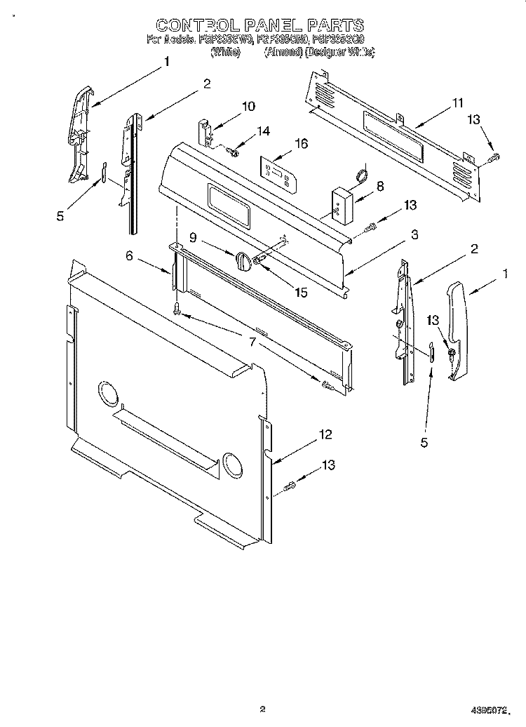 CONTROL PANEL Diagram and Parts List for FGP335GW0  Roper Range