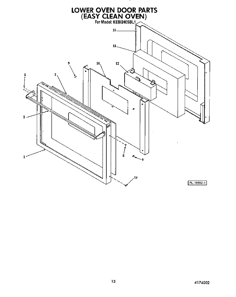 LOWER OVEN DOOR Diagram and Parts List for KEBI240SBL1  KitchenAid Wall Oven