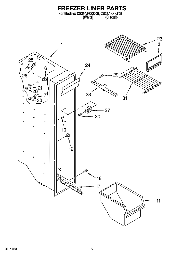 FREEZER LINER PARTS Diagram and Parts List for CS25AFXKQ05  Crosley Refrigerator