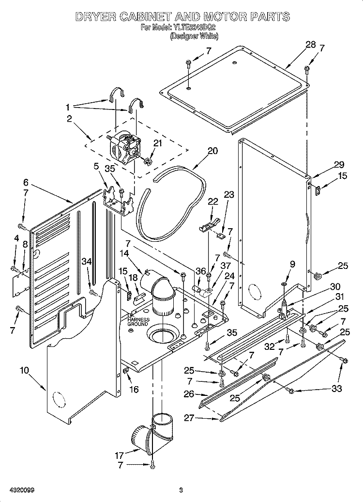 DRYER CABINET AND MOTOR PARTS Diagram and Parts List for YLTE5243DQ2  Whirlpool Washer Dryer Combo