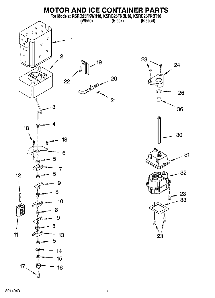 MOTOR AND ICE CONTAINER PARTS Diagram and Parts List for KSRG25FKBL18  KitchenAid Refrigerator