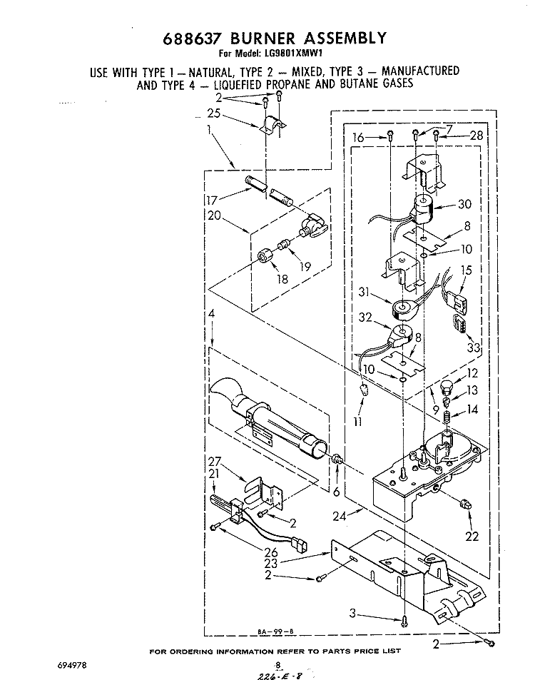 688637 BURNER Diagram and Parts List for LG9801XMW1  Whirlpool Dryer