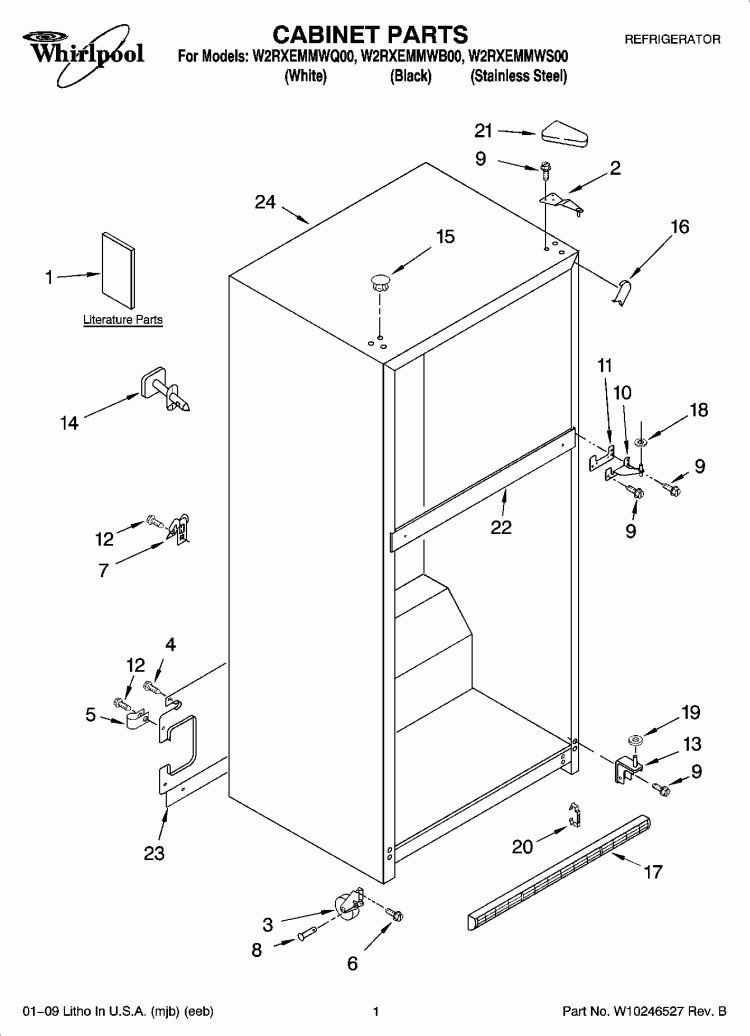 CABINET PARTS Diagram and Parts List for W2RXEMMWB00  Whirlpool Refrigerator