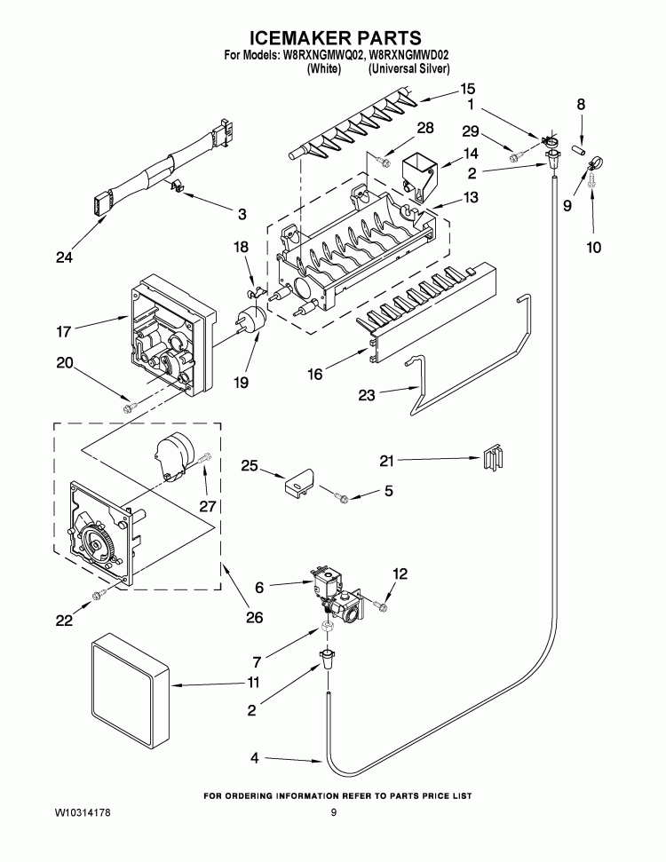 ICEMAKER PARTS Diagram and Parts List for W8RXNGMWD02  Whirlpool Refrigerator