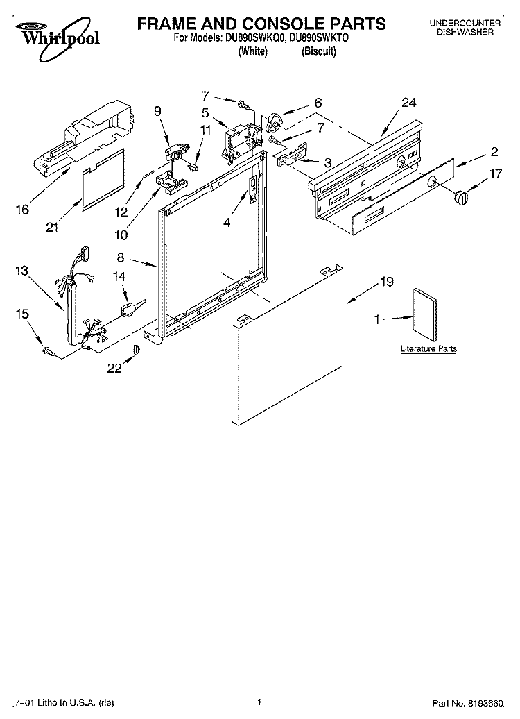 FRAME & CONSOLE, LITERATURE Diagram and Parts List for DU890SWKT0  Whirlpool Dishwasher