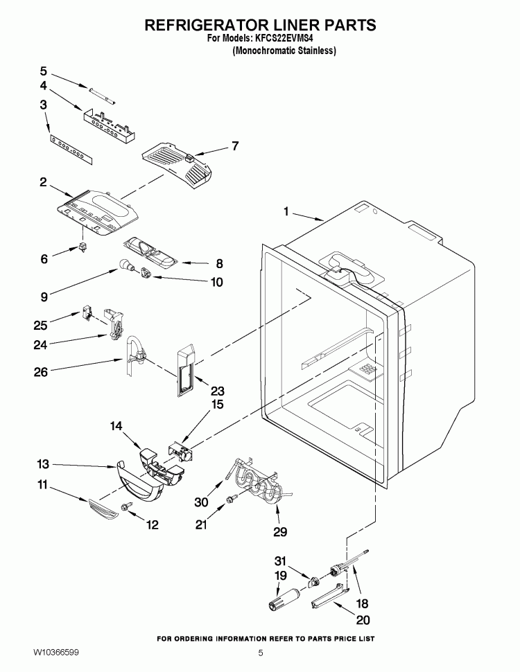 REFRIGERATOR LINER PARTS Diagram and Parts List for KFCS22EVMS4  KitchenAid Refrigerator