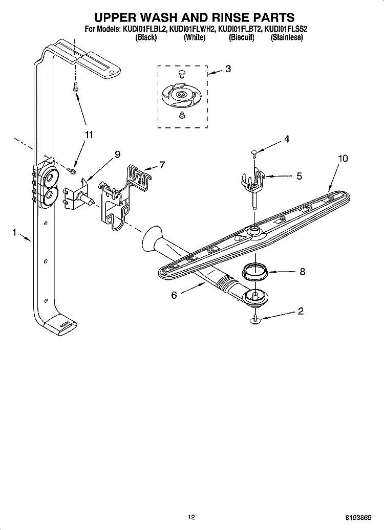 UPPER WASH AND RINSE PARTS Diagram and Parts List for KUDI01FLBT2  KitchenAid Dishwasher