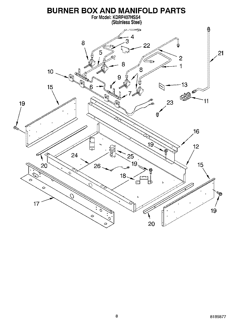 BURNER BOX AND MANIFOLD Diagram and Parts List for KDRP407HSS4  KitchenAid Range