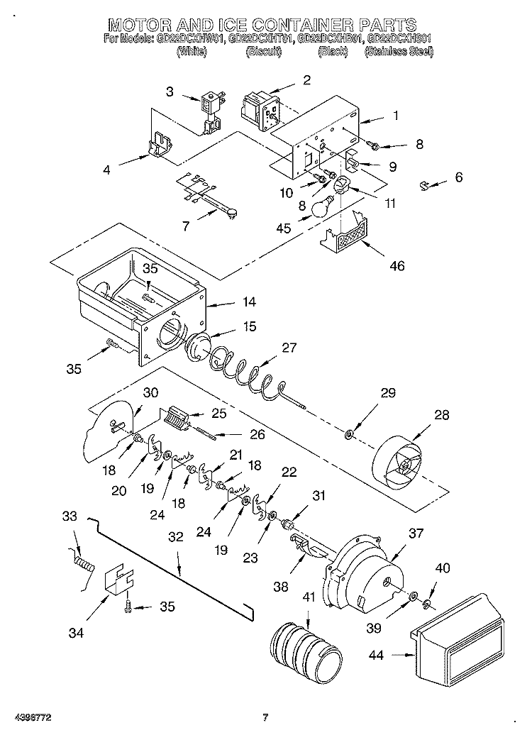 MOTOR AND ICE CONTAINER Diagram and Parts List for GD22DCXHT01  Whirlpool Refrigerator