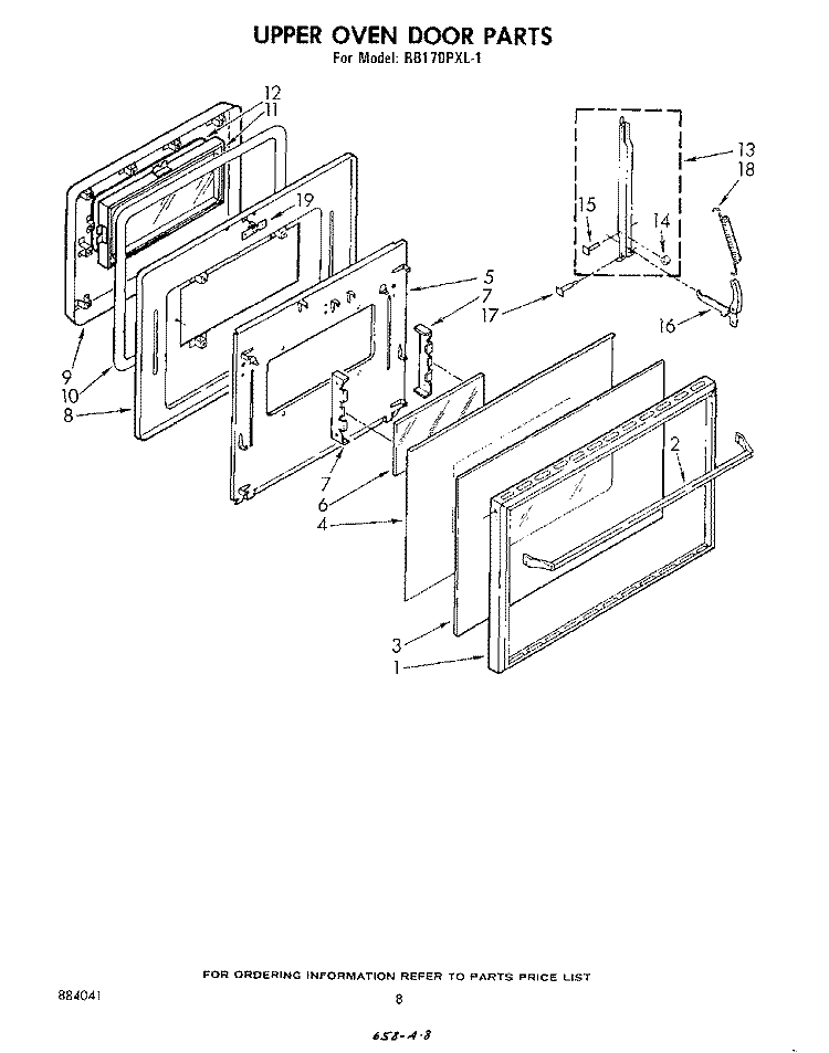 UPPER OVEN DOOR Diagram and Parts List for RB170PXL1  Whirlpool Wall Oven