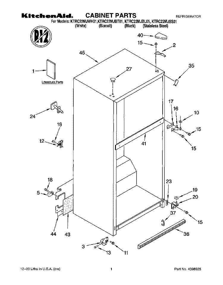 CABINET, LITERATURE Diagram and Parts List for KTRC22MJBT01  KitchenAid Refrigerator