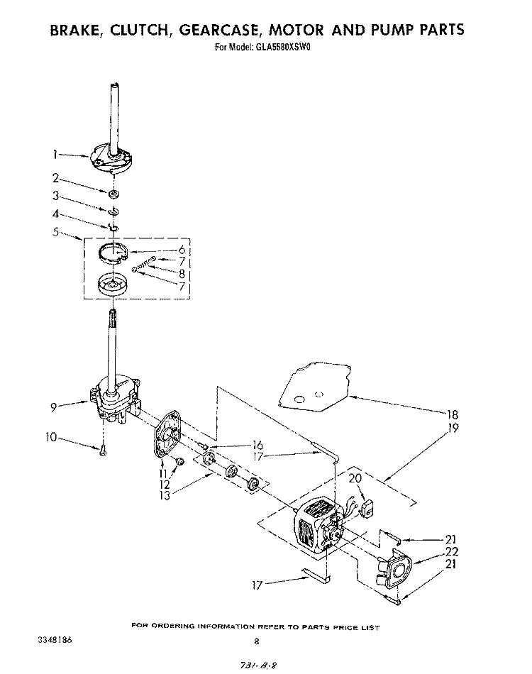 BRAKE, CLUTCH, GEARCASE, MOTOR AND PUMP Diagram and Parts List for GLA5580XSW0  Whirlpool Washer