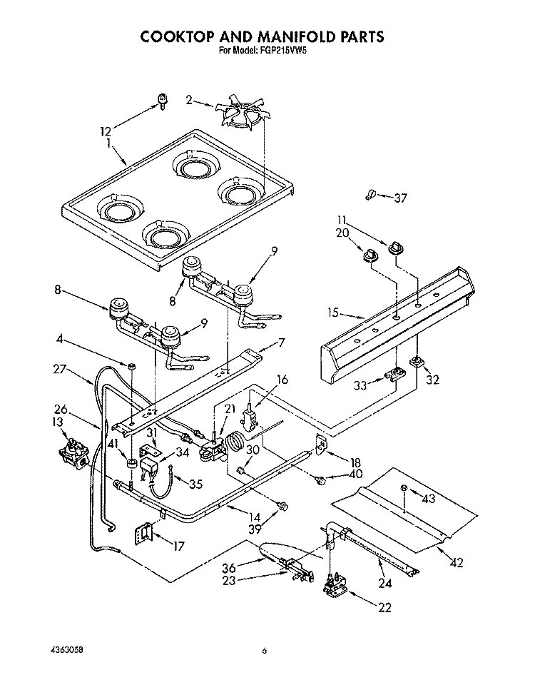 COOKTOP AND MANIFOLD, LIT/OPTIONAL Diagram and Parts List for FGP215VL5  Whirlpool Range
