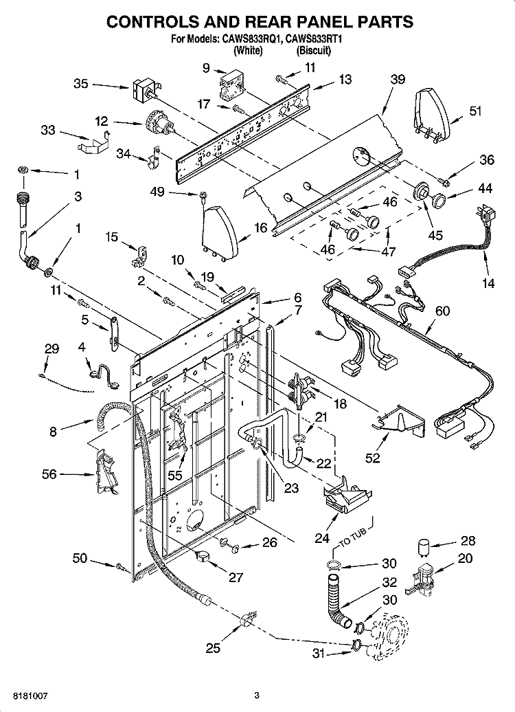 CONTROLS AND REAR PANEL PARTS Diagram and Parts List for CAWS833RT1  Crosley Washer