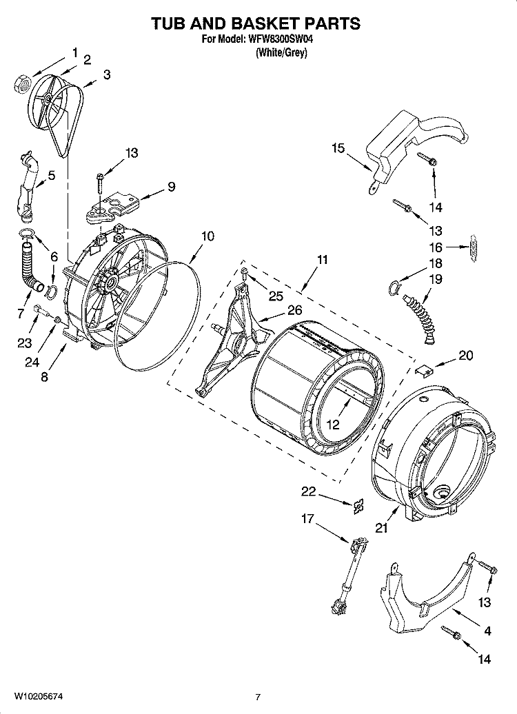 TUB AND BASKET PARTS, OPTIONAL PARTS (NOT INCLUDED) Diagram and Parts List for WFW8300SW04  Whirlpool Washer