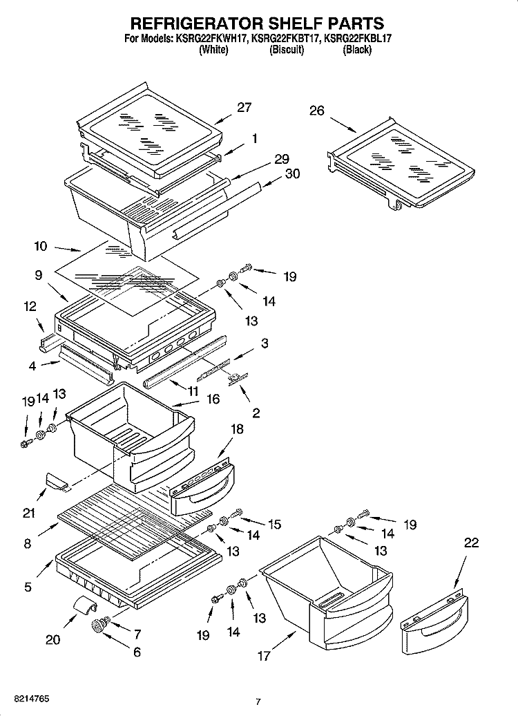 REFRIGERATOR SHELF PARTS Diagram and Parts List for KSRG22FKBL17  KitchenAid Refrigerator
