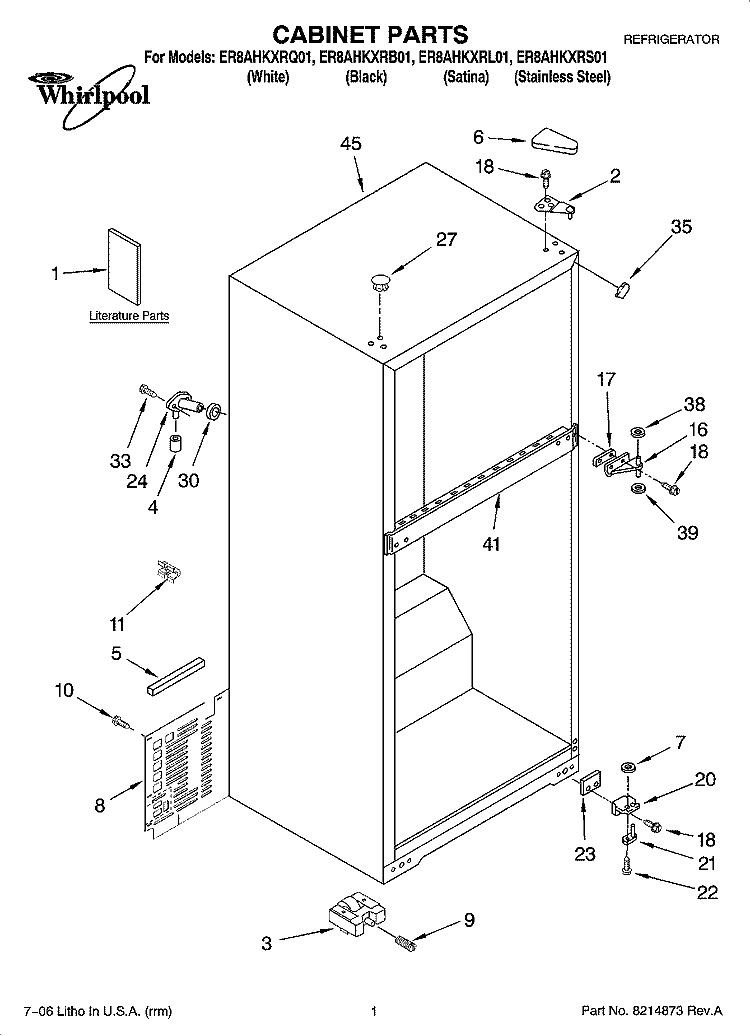 CABINET PARTS Diagram and Parts List for ER8AHKXRB01  Whirlpool Refrigerator