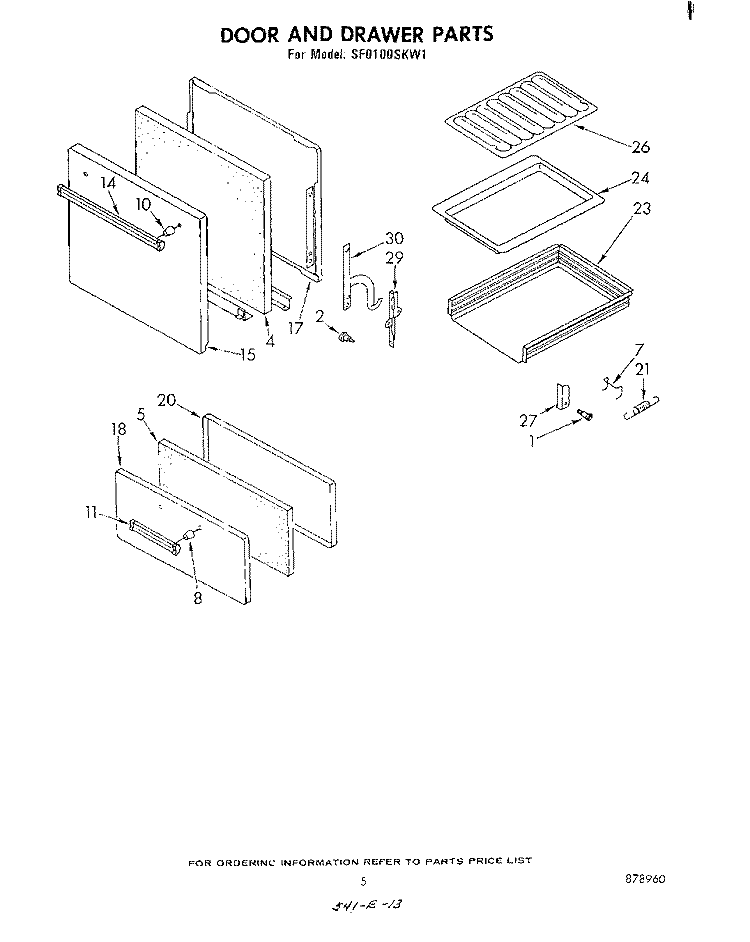 DOOR AND DRAWER Diagram and Parts List for SF0100SKW1  Whirlpool Range