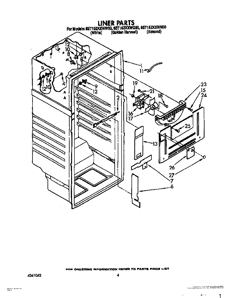 LINER Diagram and Parts List for 8ET16ZKXWW00  Whirlpool Refrigerator