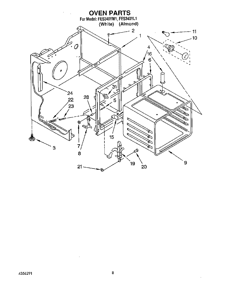 OVEN Diagram and Parts List for FES340YL1  Whirlpool Range