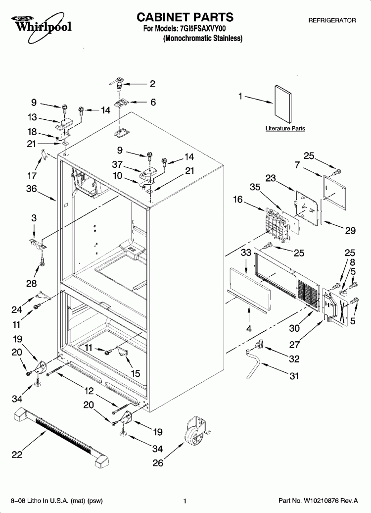 CABINET PARTS Diagram and Parts List for 7GI5FSAXVY00  Whirlpool Refrigerator