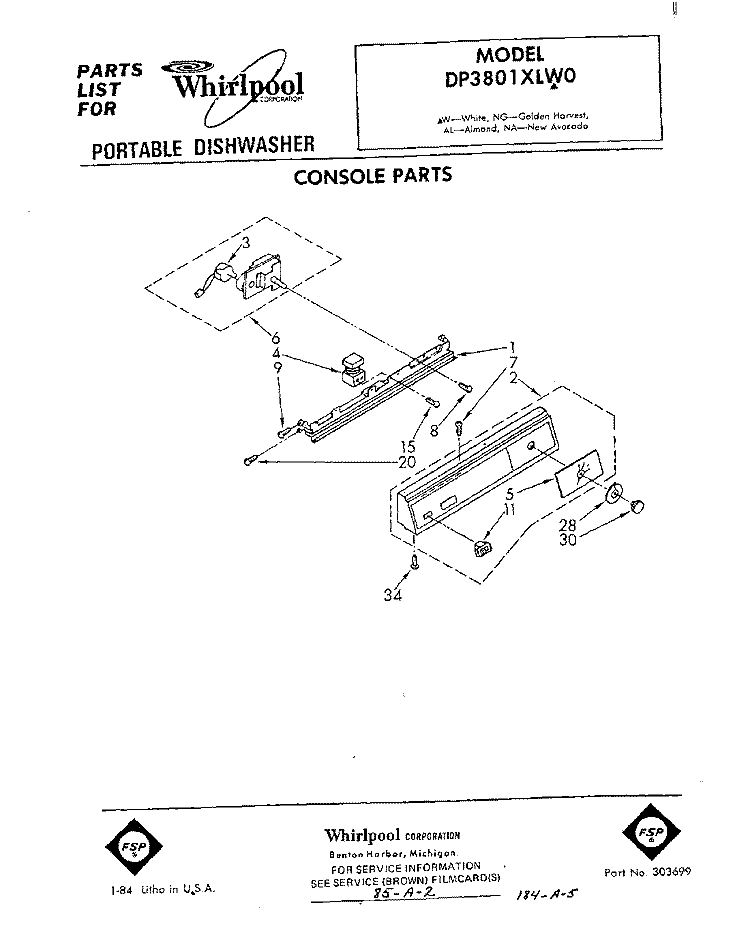 CONSOLE Diagram and Parts List for DP3801XLW0  Whirlpool Dishwasher